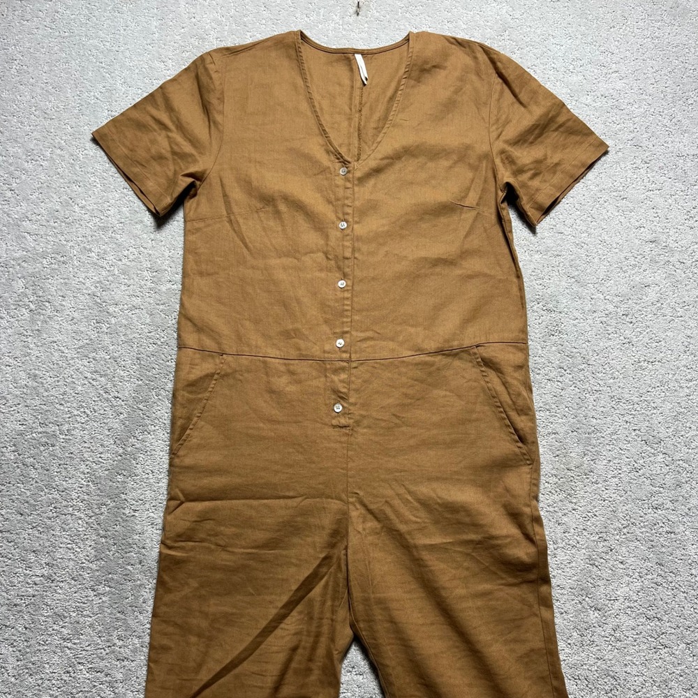 Rylee + Cru Mustard Brown Short-Sleeve Linen Jumpsuit